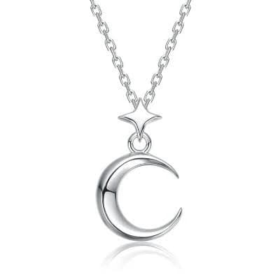Guili Sleek Celestial-Inspired Silver Crescent Moon and Star Necklace