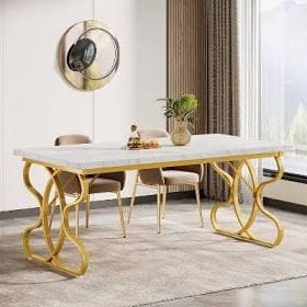 Lantine 63" Dining Table for 4-6 People, Rectangular Modern Kitchen Dinner Table for Dining Room, White Faux Marble and Gold