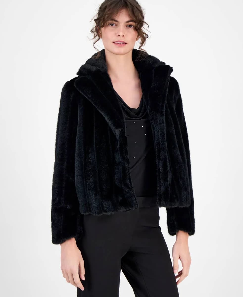 Anne Klein Women's Petite Faux-Fur Cropped Notch-Collar Jacket