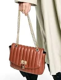 ASOS DESIGN Puffy Linear Quilted Handbag Paddlock Gold Chain Crossbody Tan
