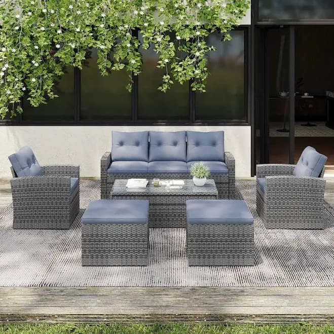 Cesicia 6-Piece Outdoor Sectional Sofa Set with Gray Cushions and Table
