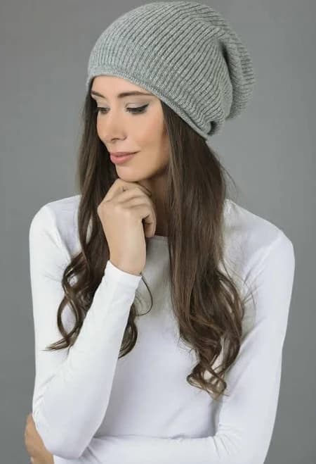 Pure Cashmere Ribbed Knitted Slouchy Beanie Hat