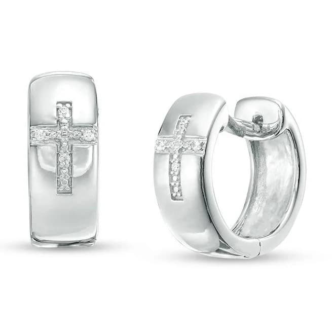 Zales Sterling Silver Diamond Cross Huggie Hoop Earrings