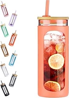 20oz Glass Water Tumbler with Straw and Lid, Bamboo Lids Water Bottle, Iced Coffee Cup Reusable, Wide Mouth Smoothie Cups with Protective Silicone Sleeve BPA FREE-Orange