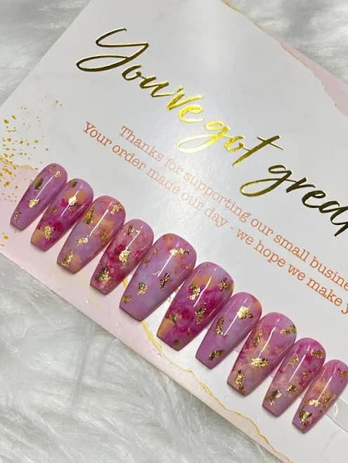 Pink Marble Nails | Bling Nails | Press on Nails | Gold Flakes Nails | Fall Nails | Autumn Nails | Winter Nails | Halloween Nails