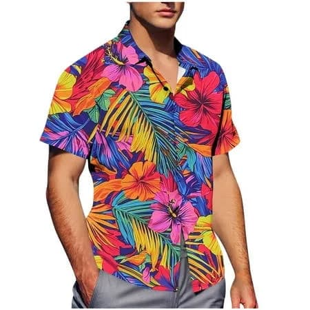 Men's Tropical Floral Printed Short Sleeve Button Down Shirt with Pocket
