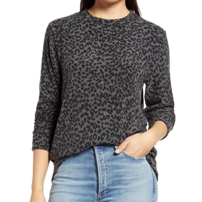 Loveappella Brushed Leopard Print Crewneck Top