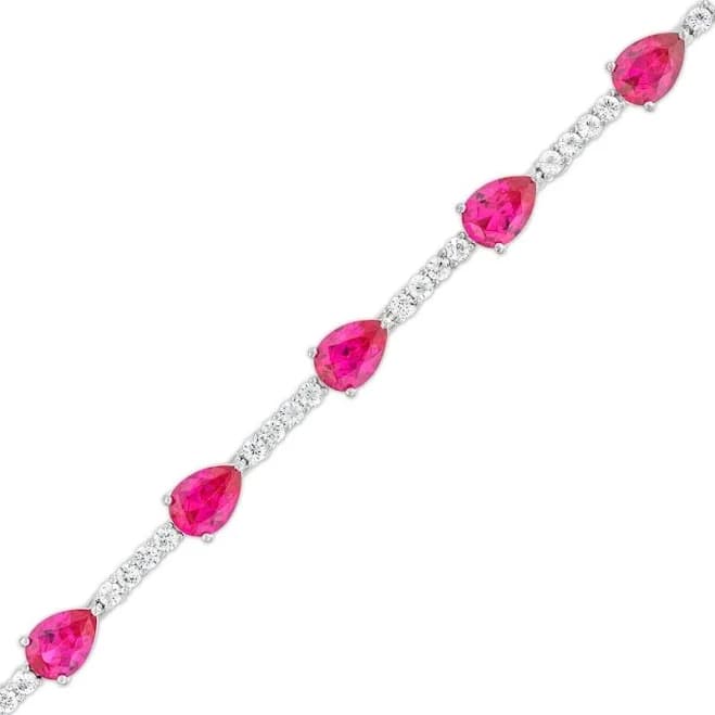 Zales Sterling Silver Pear-Shaped Lab-Created Ruby and Sapphire Station Line Bracelet