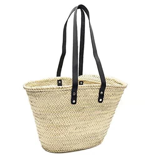 French Basket Straw Beach Bag with Leather Handles