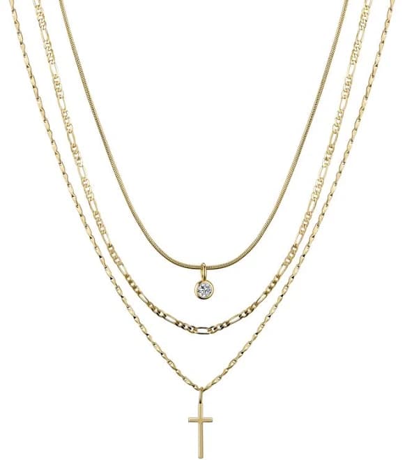 Unwritten 14K Gold Plated Cubic Zirconia Bezel and Cross Pendant Necklace Set