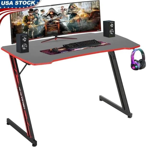 Z Shaped Gaming Desk Ergonomic Computer Workstation W/ Headphone Hook