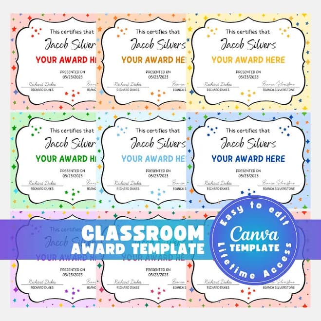 Editable Custom School Certificates Elementary Classroom Award Certificate Template Graduation Awards Student Class Rewards