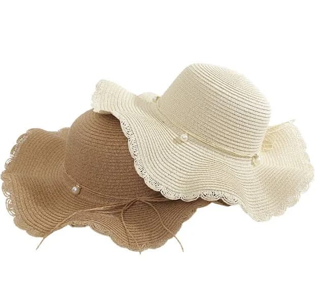 Wide Brim Straw Sun Hat with Pearl Band