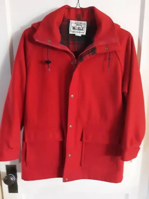 Woolrich Woman Hooded Coat, Red With Plaid Lining, Size Medium