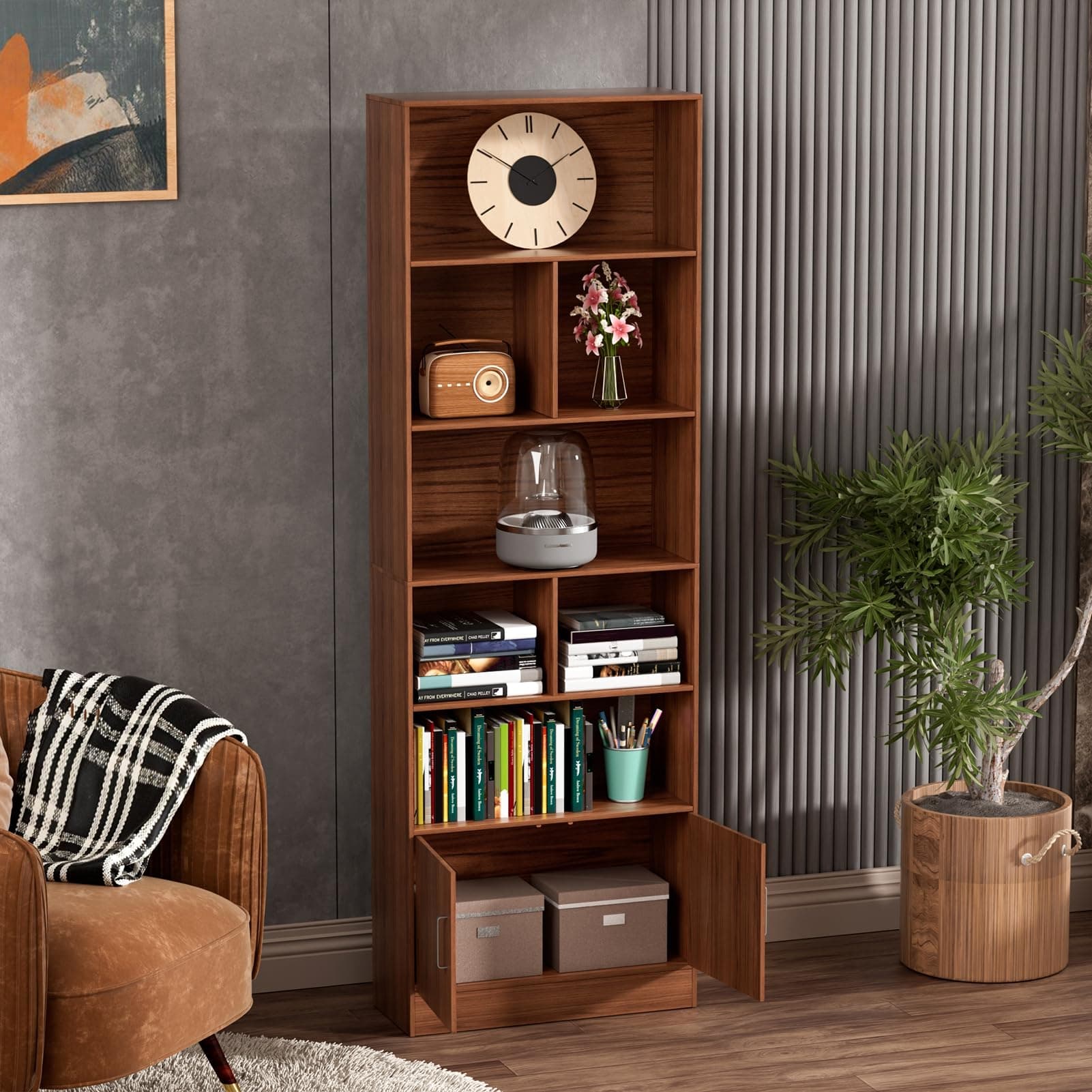 Amazon.com: Shulemin 6-Tier Tall Bookcase with Storage Cabinet - Wooden Freestanding Bookshelf, Oak Finish Display Shelf for Living Room & Office, Double Wide Bookcase Organizer with Open Shelves (Natural Wood) : Home