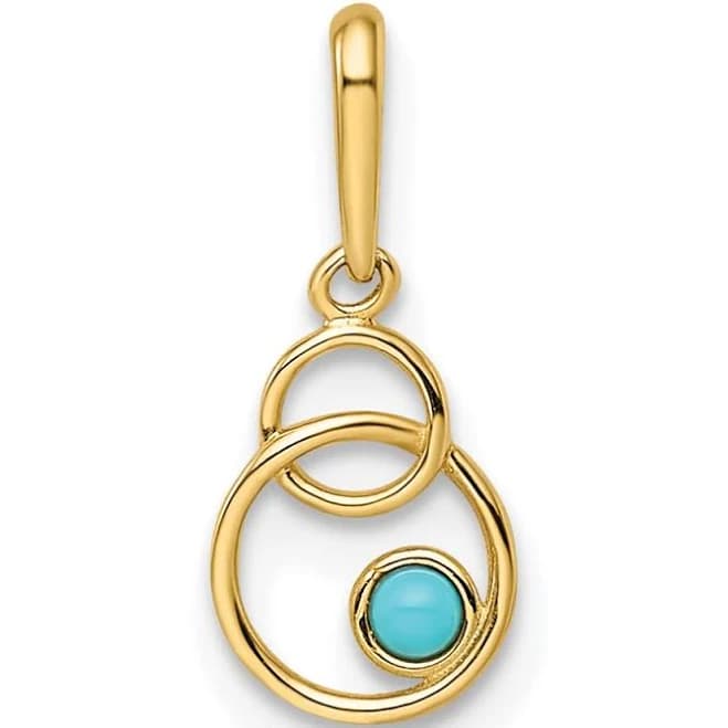 14K Solid Yellow Gold Synthetic Blue Turquoise Circle Round Charm