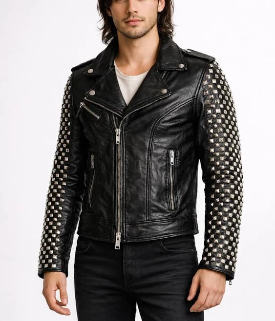 Men's Genuine Leather Dome Stud Biker Jacket