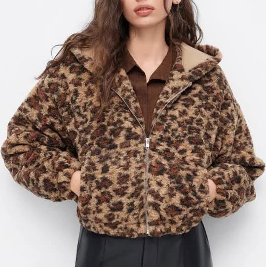 Fleece Leopard Print Hooded Zip Through Cropped Jacket