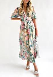 Sissyaki Women's Boho Floral Midi Dress Summer Trending Dress Print L at Amazon Women's Clothing store