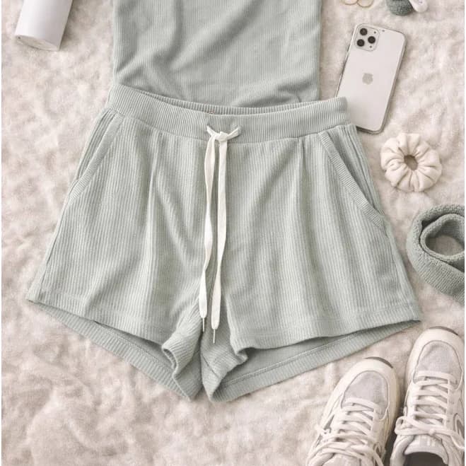 Aerie Women's Ribbed Lounge Shorts Muted Sage Green Drawstring Casual