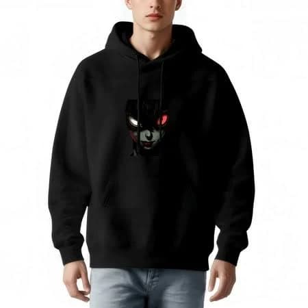 loopenmemner Men's Long Sleeve Hoodie Pullover Sweatshirt with Pockets - Black with Stylized Face Graphic and Glowing Red Eyes, Size: XL