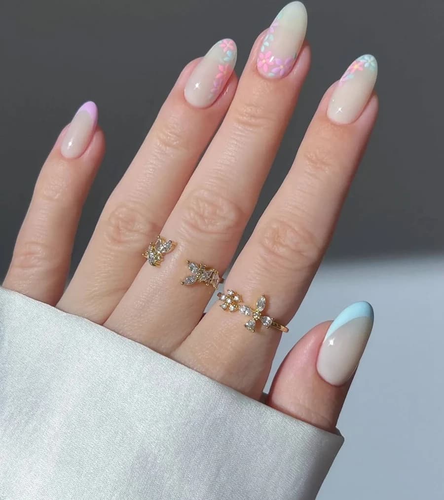 Handmade Pastel Floral French Tip Blossom Press On Nails