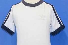 vtg 80s ADIDAS TREFOIL LOGO THREE STRIPE WHITE NAVY BLUE RINGER t-shirt YOUTH S