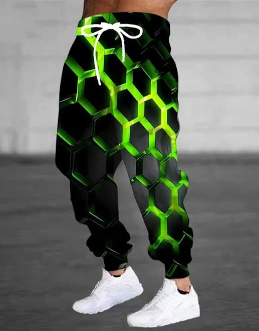 3d Green Geometric Print Sweatpants With Drawstring & Pockets