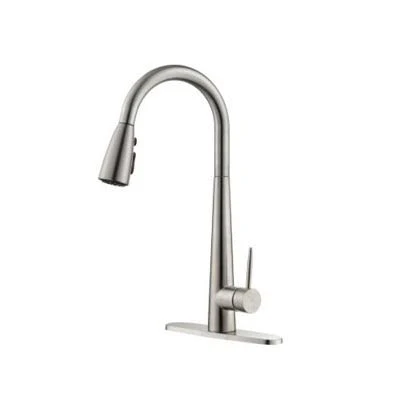 Nickel Brushed High Arc?Kitchen Faucet with Pull-Out Sprayer and Deck Plate, Modern Stainless Steel Single Handle Sink Faucet
