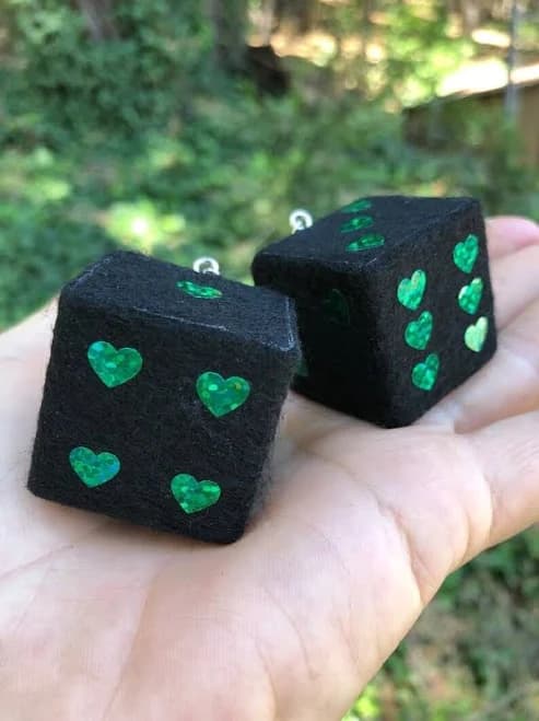 Fuzzy Black Dice W/ Green Hearts Car Charm Hanging Ornament Cute