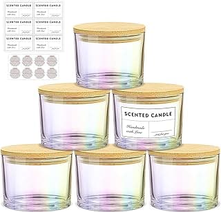 16oz 3 Wick Candle Jars 6 Pack - Large Empty Iridescent Wide Mouth Glass Candle Making Jars with Bamboo Lids and Stickers and Labels, Bulk Candle Containers for Making Candles