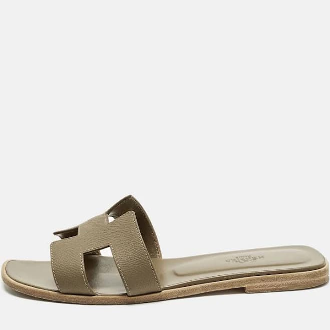 Hermes Oran Size 37.5 Brown Leather Flat Slides