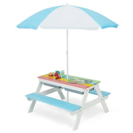 Costway 3-in-1 Kids Outdoor Picnic Water Sand Table with Removable Umbrella & Boxes