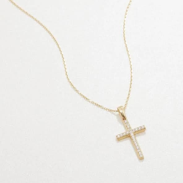 14K Gold CZ Pave Cross Necklace