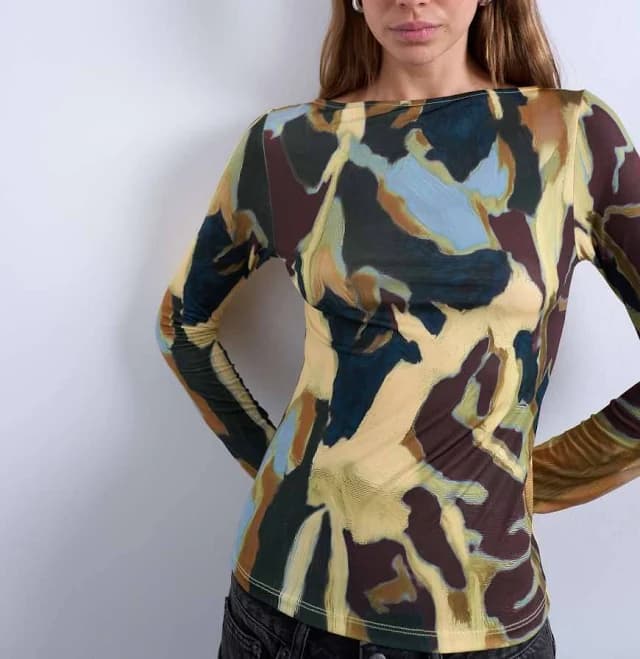 Topshop Microfiber Abstract Print Boat Neck Top