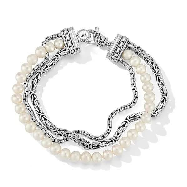 Sterling Silver Multi-Strand Byzantine Bracelet with Pearls