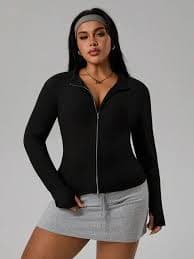 Rhythm Era Women's Autumn/Winter Ribbed Fabric Stand Collar Fitted Waist Dual-Zipper Thumb Hole Sports Casual Daily Running Yoga Plus Size Jacket Women's Plus Athleisure Jackets Curvy Workout Top Zipper Front Tight Zip