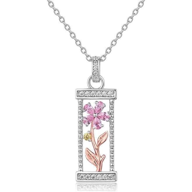 925 Sterling Silver Lucky Flower Necklace with Two Tone Pink Sapphire