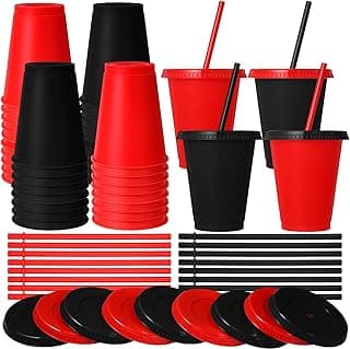 16 Pcs Plastic Cups with Lids and Straws 16 oz Plastic Cups Coffee Reusable Tumbler Water Bottle Holiday Party Supplies Gifts for Drinking Coffee Cocoa(Red,Black)