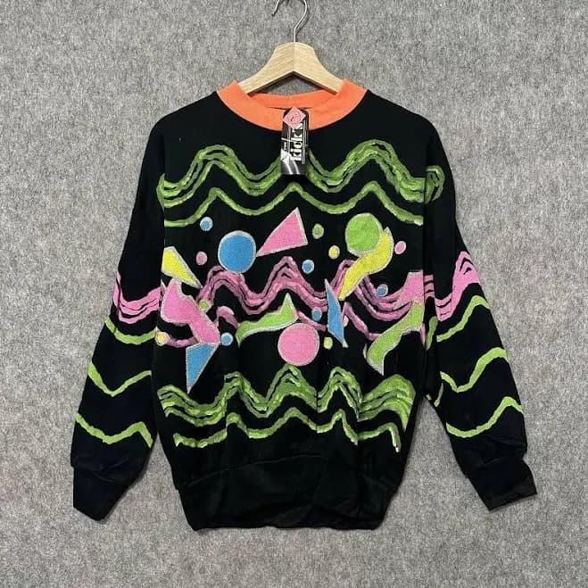 Vintage Kicks USA Neon Abstract Sweatshirt 80s 90s Geometric Women Sz L
