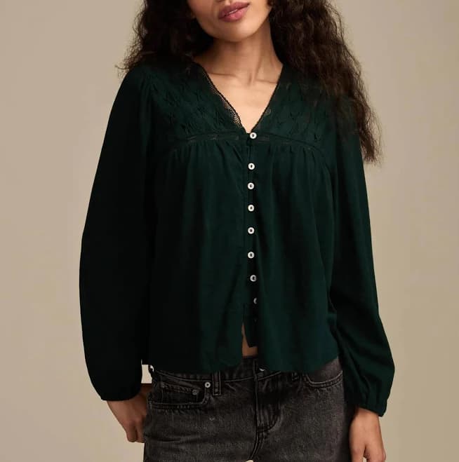 Lucky Brand Women's Lace Yoke Peasant V-Neck Top