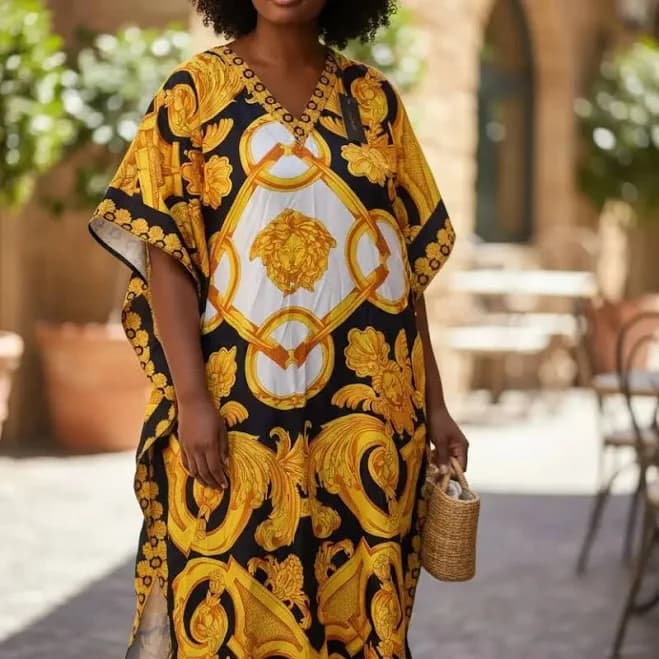 Baroque Print Flowing Silhouette Maxi Kaftan Dress with Side Slits