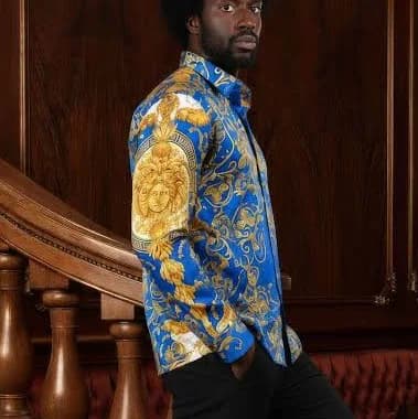 BARABAS Men's Medusa Floral Printed Baroque Button Down Shirt SPR265 Royal / M