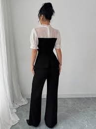 Selianne Chiffon Patchwork Shirt & Flare Leg Pants 2 Pieces Set | SHEIN Singapore