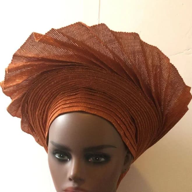 Aso-oke African Headtie Auto Gele, Orange Emiola Headwear