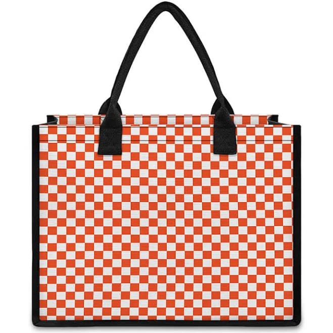Lava Orange and White Checkered Print Canvas Tote Bag