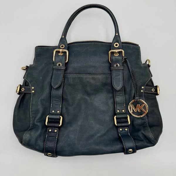 Michael Kors Navy Blue Leather Satchel Handbag with Gold Hardware