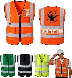 Custom Safety Vest with Logo, Visibility Reflective Personalized Construction Work Vests-Pockets Zipper for Men & Women