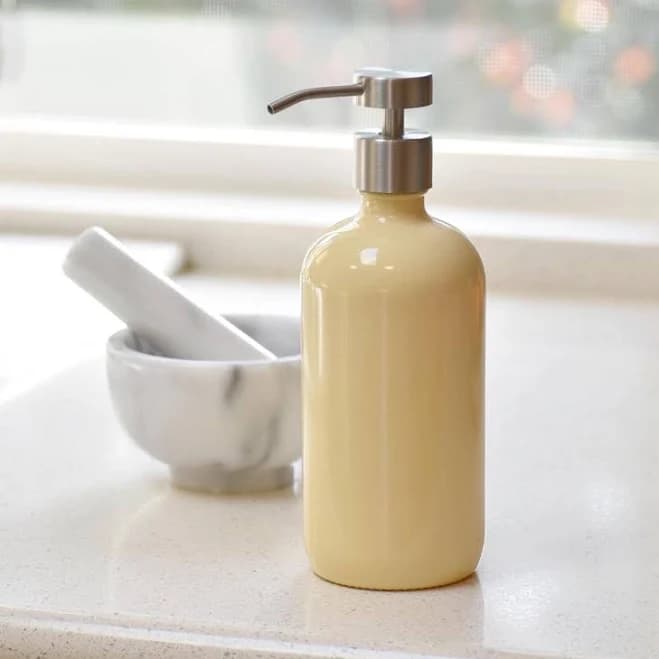 Powder Coated Glass : 16 oz Bottle with Soap Pump Dispenser or Sprayer - "Creamy Yellow"