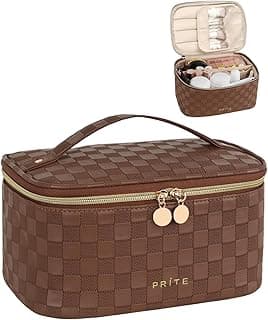 Prite Makeup Bag, Large Capacity Portable Travel Cosmetic Bag, Waterproof Makeup Organizer for Women with Handle and Divider (001 Checkered Brown)
